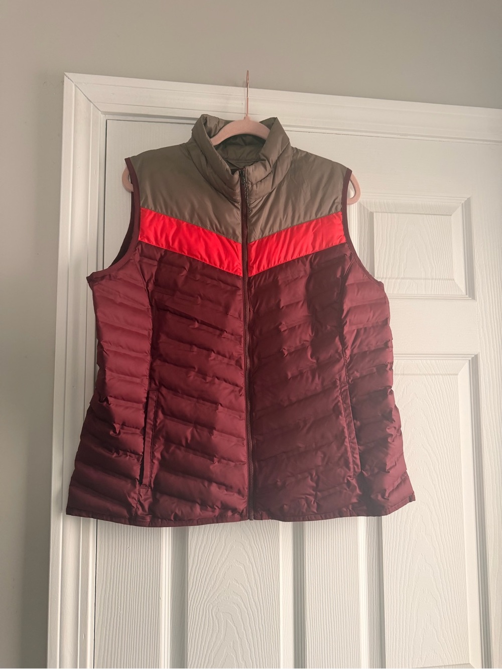 Alpine Design Burgundy Quilted Puffer Vest with Olive and Red Accents